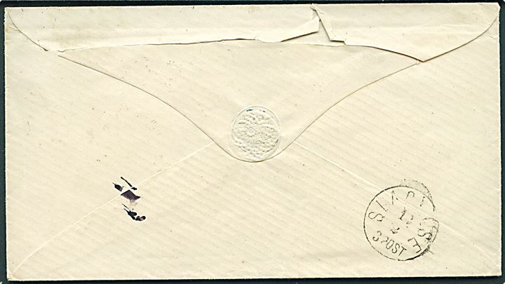 8 sk. Løve karminrosa urent tryk på brev annulleret lapidar Christiania d. 9.2.1869 til Slagelse, Danmark. Ank.stemplet Slagelse d. 12.2.1869.