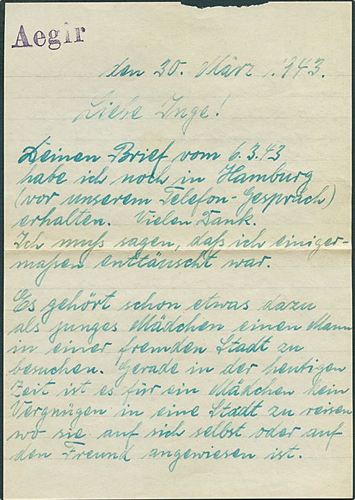 6 pfg. Hitler i par på brev mærket “Durch Deutsche Feldpost” stemplet Årdalstangen d. 31.3.1943 til Bremen. Indhold fra III Offizier på det tyske skib S/S “Aegir” med liniestempel på brevpapir. “Aegir” sank efter minetræffer d. 4.5.1943 på rejse fra Jössingfjord til Emden. 