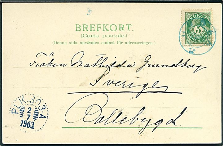 5 øre Posthorn på brevkort (Marakerdalen) annulleret med BLÅT stempel Gudaa * d. 2.7.1903 via svensk bureau PLK 303.A (= Storlien-Östersund) til Bollebygd, Sverige. Sjældent stempel.