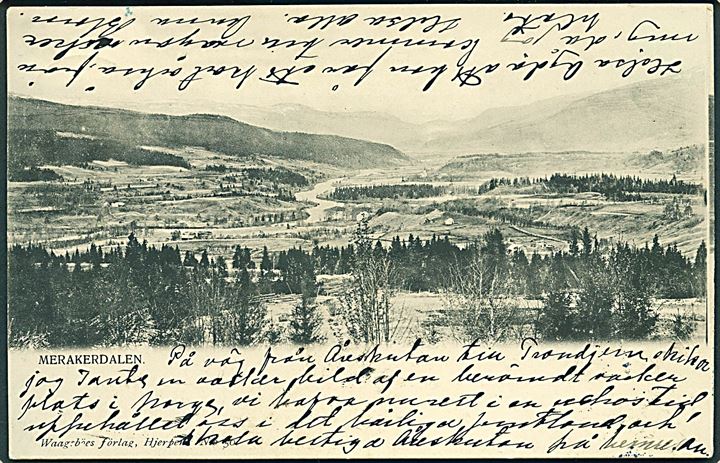 5 øre Posthorn på brevkort (Marakerdalen) annulleret med BLÅT stempel Gudaa * d. 2.7.1903 via svensk bureau PLK 303.A (= Storlien-Östersund) til Bollebygd, Sverige. Sjældent stempel.