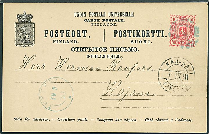 10 pen. helsagsbrevkort annulleret med blåt figurstempel og sidestemplet Turengi d. 10.9.1891 til Kajana. Ank.stemplet Kajana Finland d. 12.9.1891.