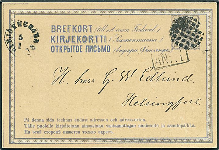 10 pen. helsagsbrevkort annulleret med sort figurstempel og sidestemplet Björneborg d. 5.1.1878 til Helsingfors.