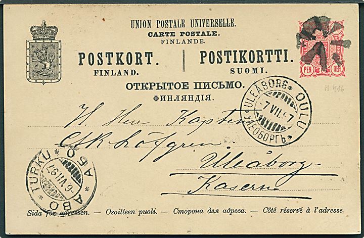 10 pen. helsagsbrevkort annulleret med sort figurstempel og sidestemplet Åbo d. 6.7.1897 til Uleåborg. Signeret R. Weber SF.  