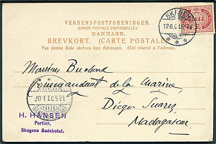 10 øre Våben på brevkort fra Skagen d. 12.6.1903 via Frederikshavn til Diego Suarez, Madagascar. Enestående destination.