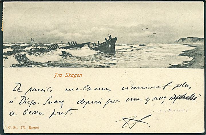 10 øre Våben på brevkort fra Skagen d. 12.6.1903 via Frederikshavn til Diego Suarez, Madagascar. Enestående destination.
