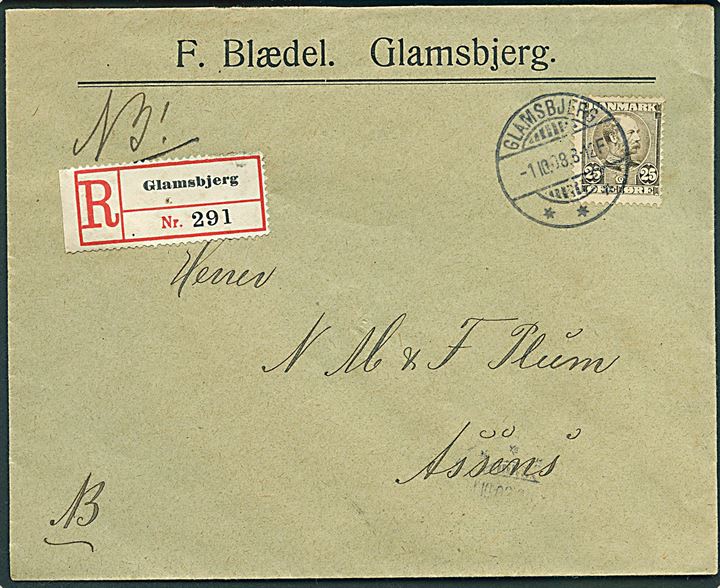 25 øre Chr. IX single på anbefalet brev fra Glamsbjerg d. 1.10.1908 til Assens. Pæn forsendelse.