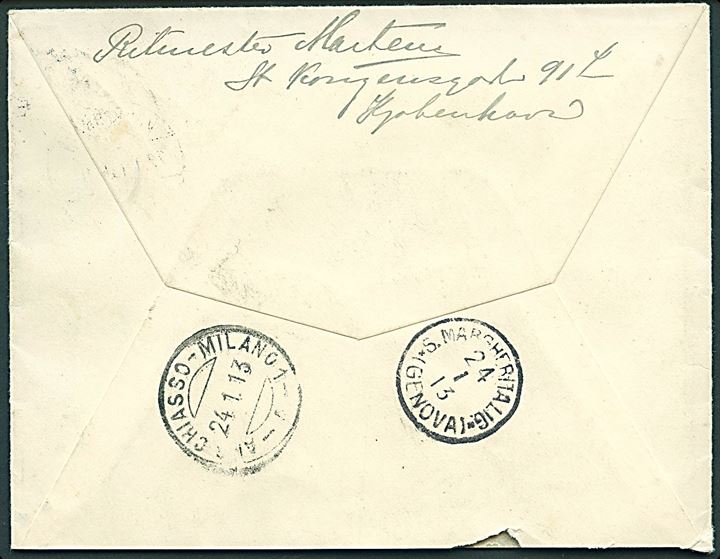 35 øre Fr. VIII single på anbefalet brev fra Kjøbenhavn IX d. 22.1.1913 via bureau AMB. Chiasso-Milano til Santa Margherita, Ligure, Italien. Smukt brev.