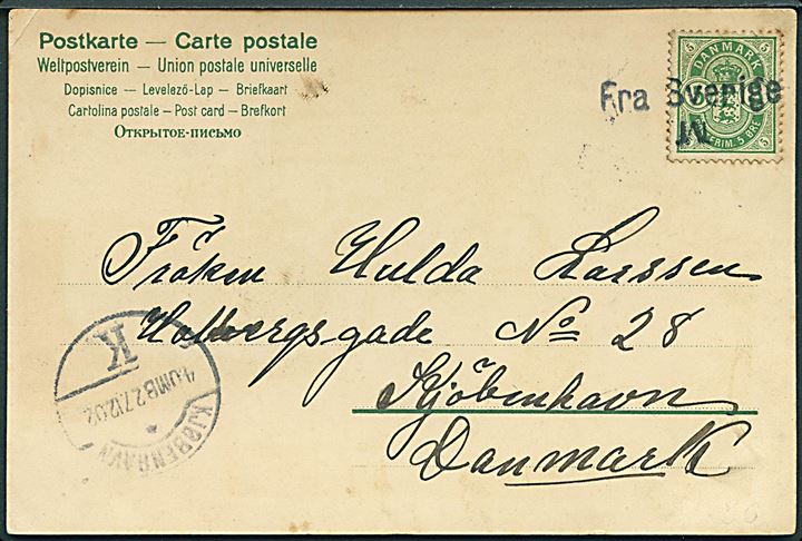 5 øre Våben på brevkort dateret i Malmö annulleret med skibsstempel “Fra Sverige M.” med omv. “M.” og side-stemplet Kjøbenhavn K. d. 27.12.1902 til København. Sjælden variant - ikke prissat i Skilling.