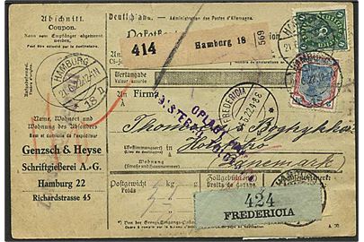 2 mk. Germania og 4 mk. Ciffer (17) på for- og bagside af internationalt adressekort for pakke fra Hamburg d. 21.6.1922 via Fredericia til Holstebro, Danmark.