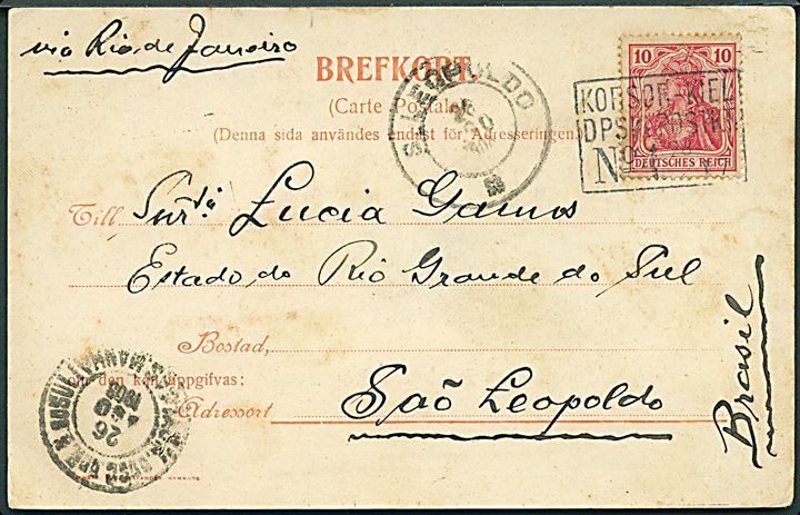 Tysk 10 pfg. Germania på brevkort (Postdamper “Prinz Adalbert”) annulleret med rammestempel Korsør-Kiel DPSP:POSTKT: No 4 d. 28.7.1903 til Sao Leopold, Brasilien. Påskrevet: “via Rio de Janeiro”.