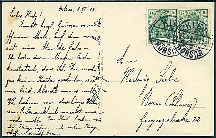 5 pfg. Germania (2) på brevkort (Postdamper “Prinz Adalbert”) annulleret med dansk sejlende brotype IIg bureaustempel Kiel - /**/ Korsør d. 3.6.1913 til Bern, Schweiz. Tidligst registrerede dato. Sjældent stempel.