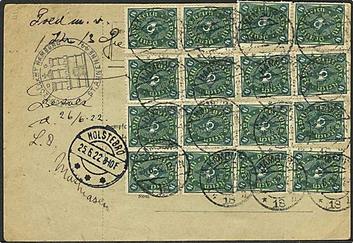 2 mk. Germania og 4 mk. Ciffer (17) på for- og bagside af internationalt adressekort for pakke fra Hamburg d. 21.6.1922 via Fredericia til Holstebro, Danmark.