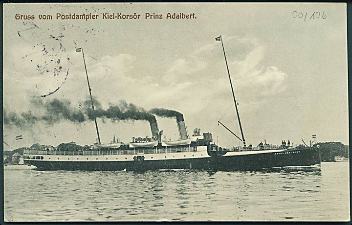 5 pfg. Germania (2) på brevkort (Postdamper “Prinz Adalbert”) annulleret med dansk sejlende brotype IIg bureaustempel Kiel - /**/ Korsør d. 3.6.1913 til Bern, Schweiz. Tidligst registrerede dato. Sjældent stempel.
