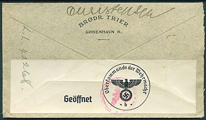 7 øre Bølgelinie i par og fireblok på 42 øre frankeret brev fra København d. 11.6.1941 påskrevet “via Siberia” til Denver, USA. Åbnet af tysk censur i Berlin. På bagsiden påskrevet “L.L.42268” hvilke indikere at brevet har været beslaglagt af den britiske priseret.