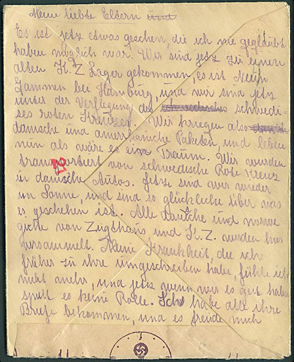 20 øre Landsbykirke på brev fra Birkerød d. 7.3.1945 til indsat dansk modstandsmand fra “Farsø-gruppen”, Knud Malthe Poulsen, i tugthus Dreibergen, Bützow. Idømt 8 års tugthus for våbenmodtagelse. Påskrevet “15/4-45 Neuengamme”. Åbnet af tysk censur i Hamburg.