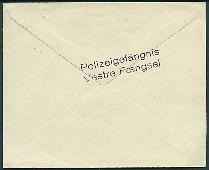10 øre Chr. X på lokalbrev fra Lyngby d. 18.10.1944 til København. På bagsiden tysk sproget 2-liniestempel: “Polizeigefängnis / Vestre Fængsel”.