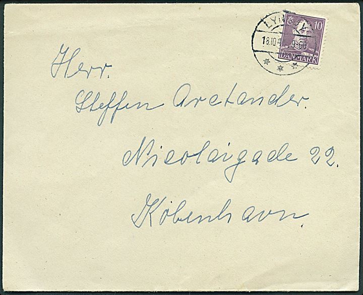 10 øre Chr. X på lokalbrev fra Lyngby d. 18.10.1944 til København. På bagsiden tysk sproget 2-liniestempel: “Polizeigefängnis / Vestre Fængsel”.