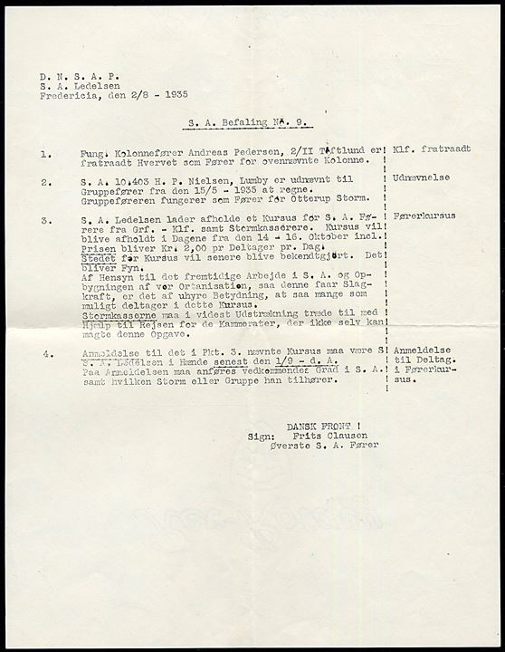 5 øre og 10 øre Bølgelinie på fortrykt brev fra Fredericia d. 16.8.1935 til Ringsted. Indeholder brev på fortrykt papir fra D.N.S.A.P. S.A. Ledelsen underskrevet Adjudant S. Hein og S.A. Befaling no. 9 af 2.8.1935. 