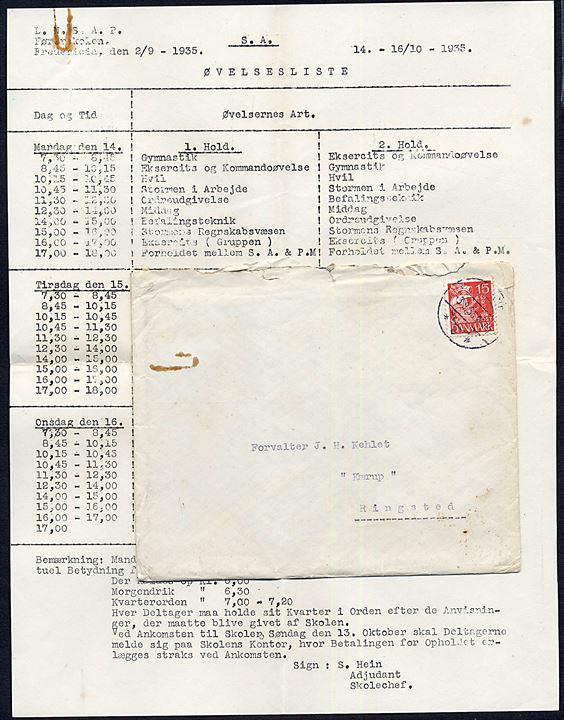 15 øre Karavel på kuvert fra Fredericia d. 3.9.1935 til Ringsted. Indeholder D.N.S.A.P. / S.A. befaling no. 11, S. A. Divisionsbefaling no. 10 og  Kolonnebefaling no. 5, samt S. A. Førerskole Øvelsesliste - alle fra sept. 1935.