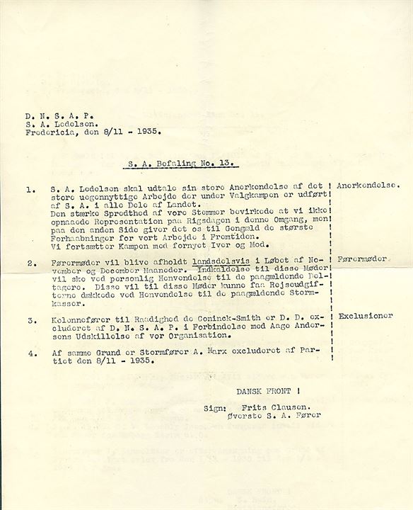 5 øre Bølgelinie i 3-stribe (defekt) på brev fra Fredericia d. 8.11.1935 til Ringsted. Indeholder D.N.S.A.P. / S. A. Divisionsbefaling no. 11 underskrevet Divisionsfører S. Hein og S. A. Befaling no. 13 underskrevet Frits Clausen.