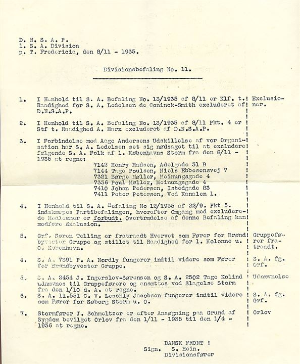 5 øre Bølgelinie i 3-stribe (defekt) på brev fra Fredericia d. 8.11.1935 til Ringsted. Indeholder D.N.S.A.P. / S. A. Divisionsbefaling no. 11 underskrevet Divisionsfører S. Hein og S. A. Befaling no. 13 underskrevet Frits Clausen.