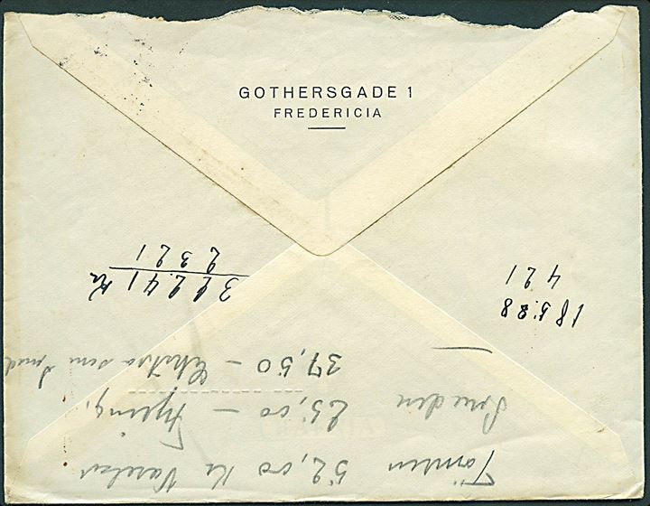 15 øre Karavel på urent åbnet kuvert fra Fredericia d. 31.10.1935 til Ringsted. Indeholder brev på fortrykt brevpapir fra D.N.S.A.P. - S.A. Ledelsen underskrevet adjundant S. Hein og stemplet: D.N.S.A.P. / S.A. Ledelsen. 