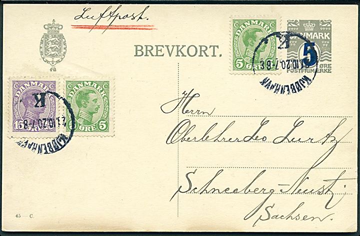 5/3 øre provisorisk helsagsbrevkort (fabr. 45-C) med 5 øre (2) og 15 øre Chr. X som luftpost fra København d. 21.10.1920 via Berlin C2 Luftpost d. 22.10.1920 til Schneeberg, Tyskland. Der blev kun luftpost befordret 879 brevkort i 1920. Overfrankeret 10 øre.