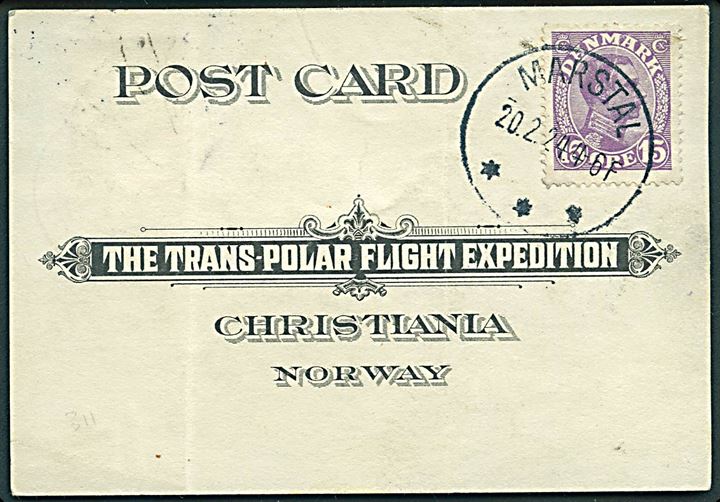 15 øre Chr. X på fortrykt Trans-Polar Flight Expedition kort stemplet Marstal d. 20.2.1924 til Christiania. 1924-flyvningen blev aflyst. Opfrankeret med norsk 25 øre Svalbard udg. og sendt med Amundsen’s mislykkede 1925-flyvning og stemplet Kings Bay d. 18.6.1925.