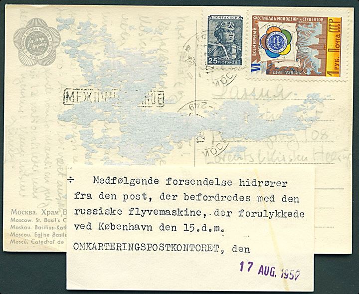 Russisk 1,25 rub. på luftpost brevkort fra Moskva d. 12.8.1957 til Danmark. Meddelelse fra Omkarterings-postkontoret d. 17.8.1957: “Medfølgende forsendelse hidrører fra den post, der befordredes med den russiske flyvemaskine, der forulykkede ved København den 15 d.m.”.