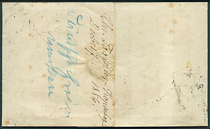 4 sk. 1854 udg. på brev påskrevet “pr. Dampfschiff via Korsör & Kiel” med nr.stempel “1” og sidestemplet med kompasstempel Kiøbenhavn d. 17.12.1856 til Oldenburg, Holstein.