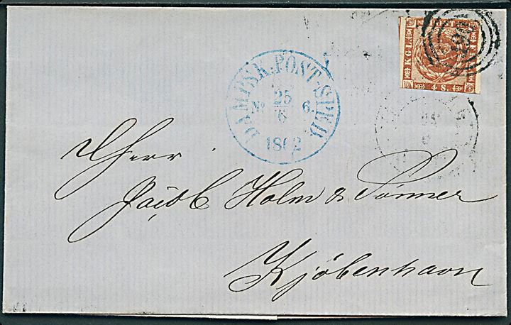 4 sk. 1858 udg. på dampskibsbrev fra Aarhus annulleret med nr.stempel “190” og sidestemplet blåt antiqua Dampsk:Post-Sped: No. 6 d. 25.6.1862 til Kjøbenhavn.