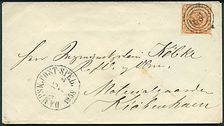 4 sk. 1854 udg. 5. tryk på dampskibsbrev annulleret med nr.stempel “189” og sidestemplet Dampsk:Post-Sped: No. 3 d. 15.7.1858 til Kjøbenhavn. 