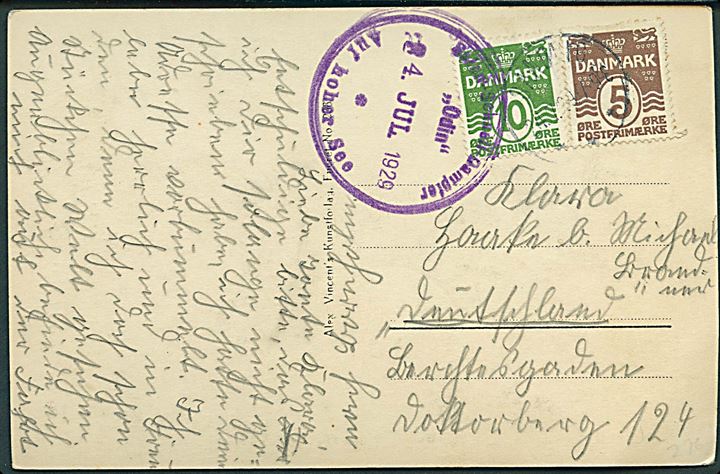 5 øre og 10 øre Bølgelinie på brevkort annulleret brotype IIIb Sandvig d. 24.7.1929 og sidestemplet med privat skibsstempel “Salon-Schnell-Dampfer “Odin” Auf hoher See” d. 24.7.1929 til Tyskland.