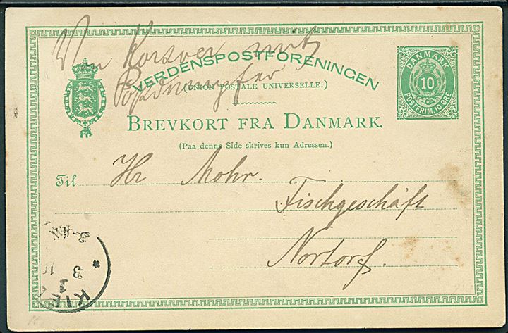 10 øre helsagsbrevkort dateret d. 3.10.1887 påskrevet “Von Korsoer mit Postdampfer” og sidestemplet Kiel d. 3.10.1887 til Nortorf, Tyskland.