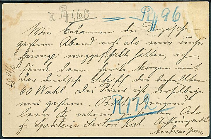 10 øre helsagsbrevkort dateret d. 3.10.1887 påskrevet “Von Korsoer mit Postdampfer” og sidestemplet Kiel d. 3.10.1887 til Nortorf, Tyskland.