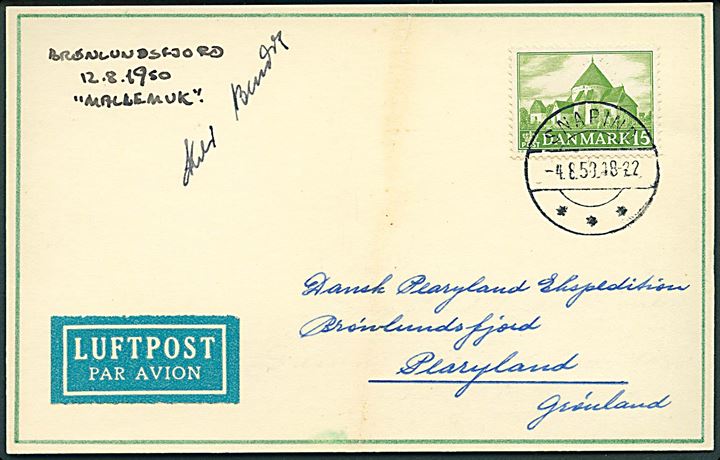 15 øre Landsby kirke på filatelistisk luftpost brevkort fra Snapind d. 4.8.1950 til Dansk Pearyland Ekspedition i Brønlundsfjord, Pearyland, Grønland. Befordret med flyvevåbnets PBY-5 Catalina maskine 855 “Mallemuk” d. 12.8.1950. 