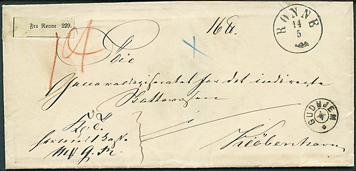1870 (ca.). Ufrankeret pakkefølgebrev for tjenestepakke med stjernestempel GUDHJEM og sidestemplet antiqua Rønne d. 14.5.18xx til Kiöbenhavn.
