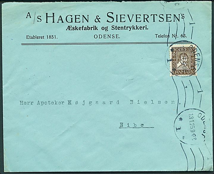 20 øre Chr. IV Postjubilæum m. variant “Streg i panden”, nr. 79 i en del af oplaget, single på brev fra Odense d. 13.1.1925 til Nibe. 