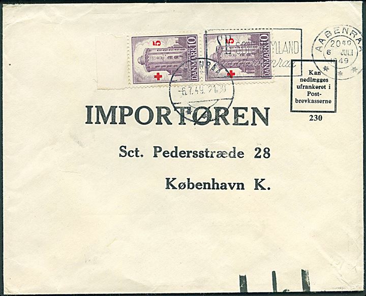 5+10 øre Røde Kors provisorium i lodret parstykke - nedre mærke med variant “bombe mod Rundetårn” - på brev fra Aabenraa d. 6.7.1949 til København. 