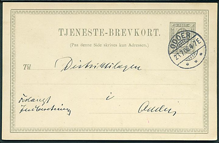 3 øre Tjenestebrevkort påskrevet “Forlangt Indberetning” sendt lokalt fra Fillerup Skole og stemplet Odder d. 23.7.1906 til Distriktslægen i Odder. 