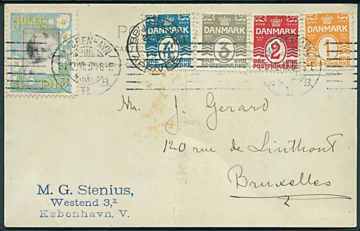 1 øre, 2 øre, 3 øre og 4 øre Bølgelinie, samt Julemærke 1910, på 4-farve frankeret brevkort stemplet Kjøbenhavn d. 31.12.1910 til Bruxelles, Belgien. Fold.