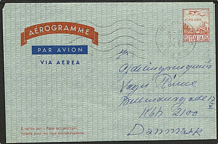 110 l. aerogram fra Garda d. x.6.1970 til København, Danmark.
