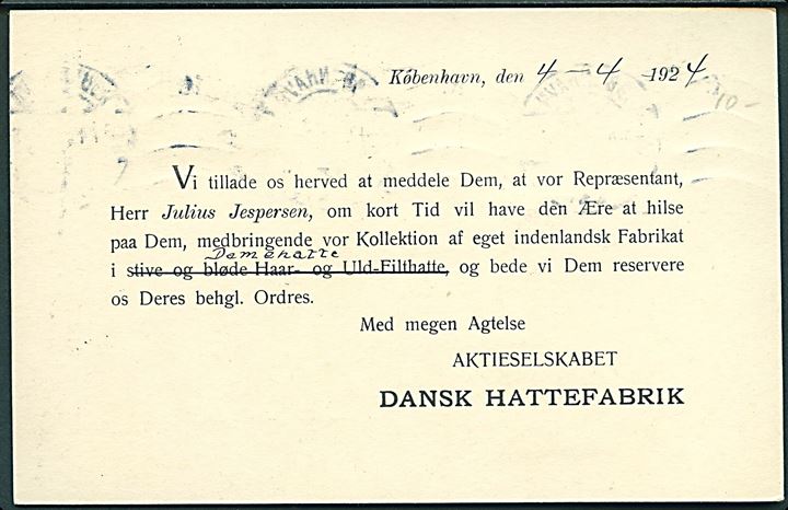 8 øre helsagsbrevkort (fabr. 70-H) opfrankeret med 2 øre Bølgelinie med reklamemærkat “Danske Folk i danske Klæder” fra Dansk Hattefabrik i København d. 4.4.1924 til Randers. 