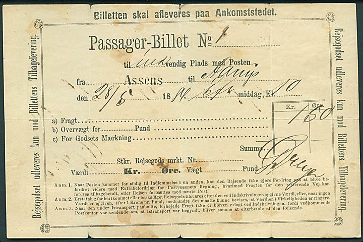 Passager-Billet No. 1 til indvendig plads med Posten fra Assens til Aarup d. 28.5.1884. Pris 1,50 kr. Daka 3500,- 