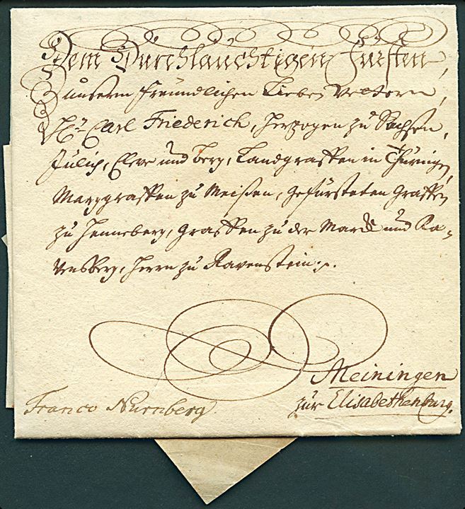 1734. Kongebrev, Christian VI (1699-1746), dateret i Frederiksborg d. 2.1.1734 med storsegl og underskrift: “Christian R.” til hertug Karl Friedrich af Sachsen-Meiningen, Elisabethen, Meiningen. Påskrevet “Franco Nürnberg”. 