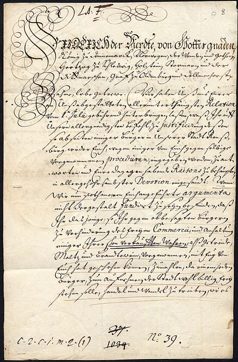 1705. Kongebrev, Frederik IV (1671-1730), dateret på Frederiksborg d. 14.9.1705 med storsegl og underskrift: “Friderichk” til Magistraten i Rendsburg.