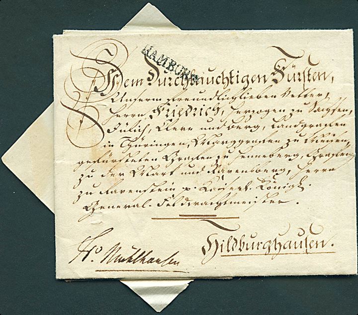 1789. Kongebrev, Christian VII (1749-1808) , dateret på Frederiksborg d. 2.10.1789 med storsegl og underskrift “Christian Rex” til Hildburghausen. Påskrevet “Fco Mühlhausen” og liniestempel “HAMBURG”. Meget smukt brev med fuldt indhold.