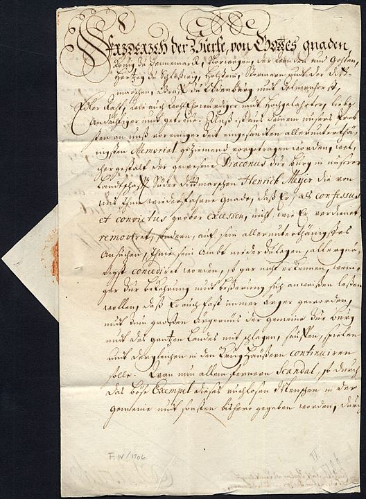 1706. Kongebrev, Frederik IV (1671-1730), dateret på Frederiksborg d. 6.9.1706 med storsegl og underskrift: “Friderichk” via Itzehoe til Meldorf i Dithmarschen.