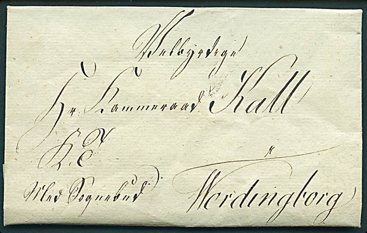 1831. Tjenesteligt brev mærket “Med Sognebud” dateret Sverdborg d. 8.2.1831 til Vordingborg. Sendt fra præsten i Sværdborg, Poul Johan Lakjer (1779-1854). Meget tydelig påtegning.