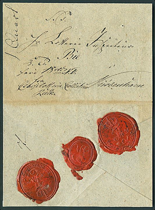 1813-16. Bancobrev fra Collecteur Reith i Frederiksborg mærket “K.T. heri 16 rdb N.V.” og “1 Quart” med tre laksegl. Bl.a. “Frederichsborg / Fr. VI” til Lotterie Inspecteur Bie i Kjøbenhavn i perioden 7.8.1813 til Dec. 1816. “1 Quart” kan henvise til indlagt brev.